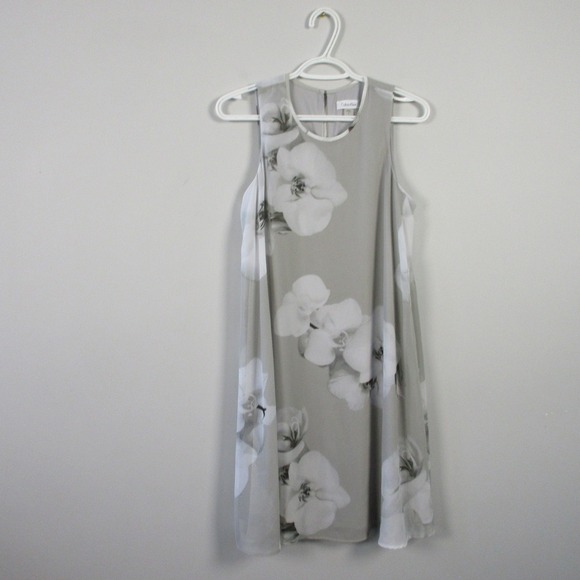 Calvin Klein Floral Dress 8 Grey Sleeveless Casual Summer Party Shift Knee 210 - Picture 1 of 11